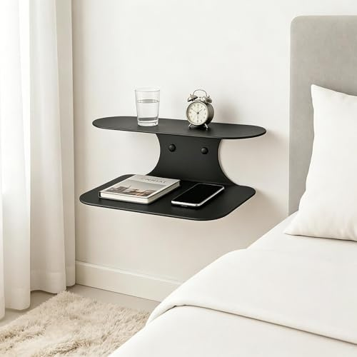 PFDDUP Nachttisch Hängend, Nachttisch Metall in Schwarz, Zweischichtige Monoblock-Konstruktion, Schmaler Wandtisch zum Bohren für Schlafzimmer