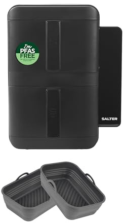 Salter VertiCook Ultra 9L Digital Air Fryer with Silicone Basket Set – Double Drawer 2 x 4.5L Baskets, 9 Functions, Sync & Match, PFAS-Free Grill Tray, Set of 2 Reusable Collapsible Air Fryer Liners