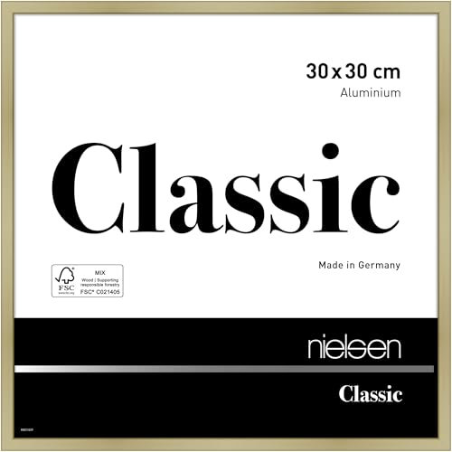 nielsen Bilderrahmen, 30 x 30 cm, Aluminium, Gold matt, Rahmen zum Aufhängen im Hoch- & Querformat, Echtglas, Classic
