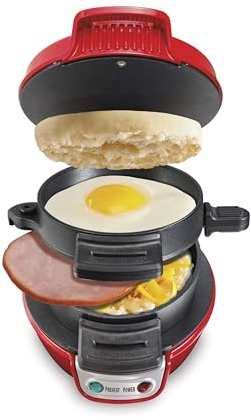 Hamilton Beach Breakfast Sandwich Maker with Egg Cooker Ring, Customize Ingredients, Perfect for English Muffins, Croissants, Mini Waffles, Perfect White Elephant Gifts, Red (25476)