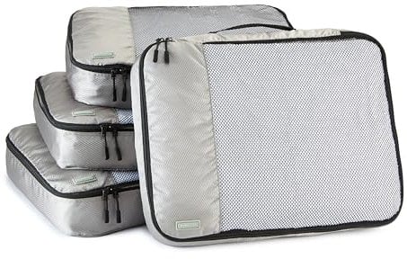 Amazon Basics Packing Cubes for Suitcases, Travel Organisers, Zipper, 4-Piece Set Bags, Large, Gray