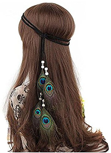 Fodattm Girls Women Lady Hippie Peacock Feather Headband Headwear Bohemian Tassels Hairband Hair Hoop Handmade Indian Headband Fascinator Hair Bands Headdress Hair Accessories