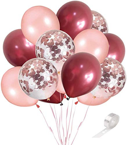 50 Stück Luftballons Weinrot Rose Gold Ballons mit Rosegold Konfetti Helium Ballons für Baby Shower Mädchen Kinder Geburtstag Party Hochzeit Deko (ca.30cm)