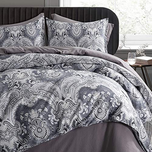 Marokkanisches Paisley-Bettwäsche-Set, 3-teilig, Boteh Damast Medaillon 400TC ägyptische Baumwolle Satin Luxus Ombre Stil Bettwäsche (Oxford Grau, King)