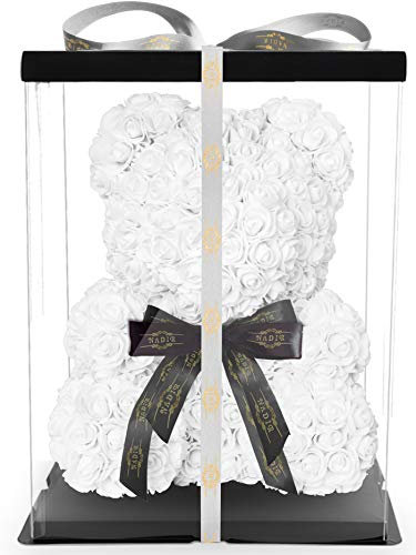 NADIR 25cm 40cm 70cm Blumenbär Rosenbären mit Schleife/inklusive vorverpackter Geschenkbox/Valentinstag Muttertag Geburtstag Jahrestag Infinity Rosebear Bär aus Rosen Teddybär Blütenbär
