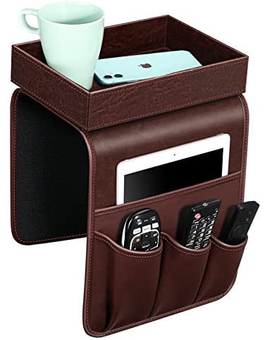 SITHON Sofa Armlehnen Organizer mit Ablage Tablett, [rutschfest] Kunstleder Stuhl Couch Armlehne Organizer mit 5 Taschen für iPad, Zeitschriften, Fernbedienung, Handy, inkl Geschenkbox, (Braun)