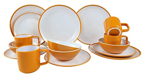 Camping Geschirr Geschirrset Essgeschirr für 4 Personen Melamin 16 teilig Yellow Teller Becher Schüsseln für Freizeit Outdoor oder Picknick