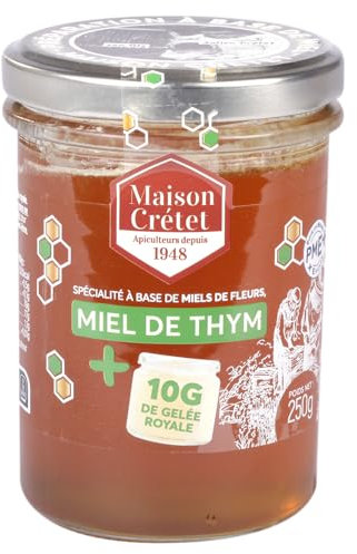 Maison Crétet | Miel de Thym et Gelée royale | 5 gr de gelée royale dans ce pot | Pot verre | élaboré en Charente-Maritime | préparation en pot de 250gr