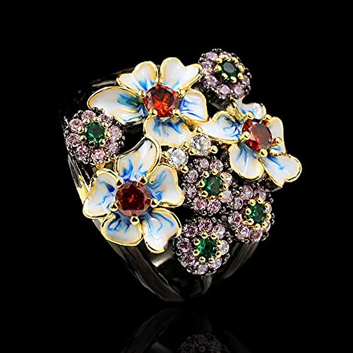 Neue Wunderschöne Damen 925 Silber Schwarz Gold Ring Farbe Blumenring Zirkon Schmuck Handgemachte Emaille Übertriebene Blumenring