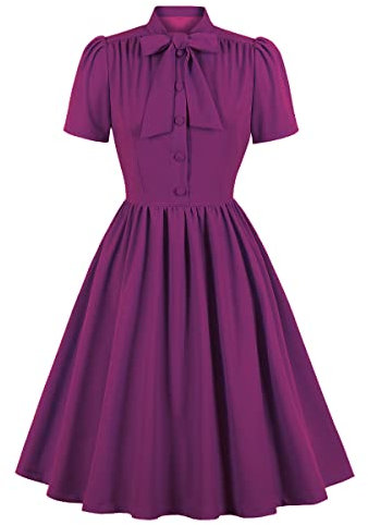 Wellwits Women's Purple Button up Tie Neck 1950s Vintage Cocktail Dress M