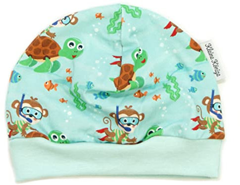 Kleine Könige Mütze Baby Jungen Beanie · Mitwachs-Funktion · Modell Schildkröte AFFE Diving Monkey, Aqua · Ökotex 100 Zertifiziert · Größe 74/80
