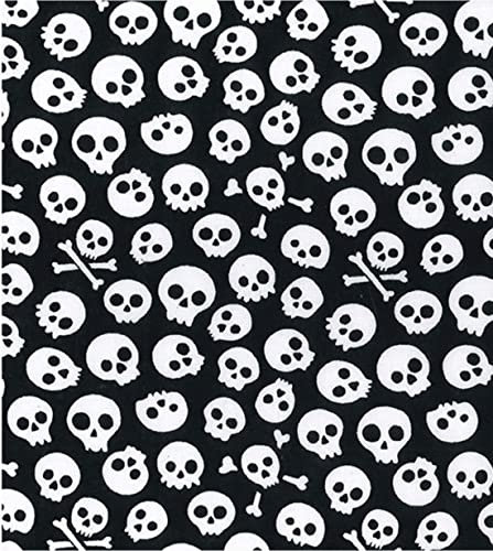 Bedruckter Polyester-Baumwollstoff – weiße Totenköpfe auf Schwarz, 1/2 m, 110 x 50 cm