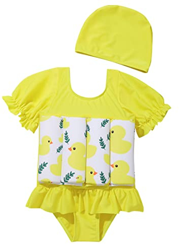Toddler Kids Boys Girls Floatation Swimsuit with Adjustable Buoyancy Baby Float Suit with Swim Cap Floating Swimwear Bathing Suit Swim Vest with 8 Removable Buoyancy Sticks Yellow Duck 4-5 Years