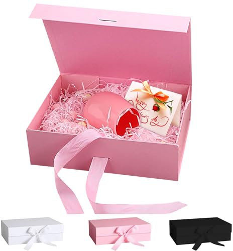 Geschenkbox mit Deckel, Schleifen-Geschenkkarton, Faltbare Magnetische Geschenkboxen, Geschenkverpackung 21 X 17 X 7 Cm, Party-Geschenk Box für Hochzeiten/Geburtstage/Weihnachten/Jubiläen usw (Rosa)