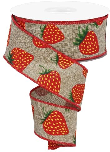 Strawberry Print Wired Edge Burlap Ribbon for Spring and Summer Bows, Wreaths, Garlands, Baskets, Crafts, and Decorations (Light Beige, Yellow, Green, Red - 1.5 Wide x 10 Yards)
