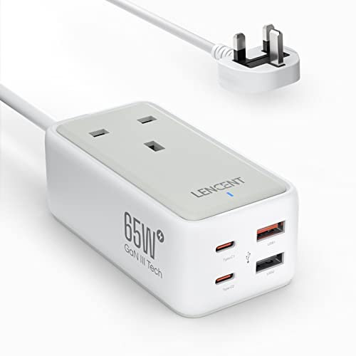 LENCENT 65W USB C Charger Plug, Gan III 4-Port Type C Power Adapter PD Desktop Charger, with 1 AC+4 USB Ports, suitable for Laptop, MacBook, iPad Pro, iPhone and More (White)