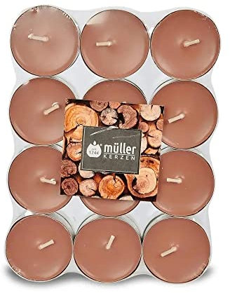 Müller Tealights Duftkerzen - Duft Sandalwood - 39 × 15 mm - Brenndauer 4 Stunden - Wachs-Teelichter Farbe Braun - Set mit 192 Teelichtern