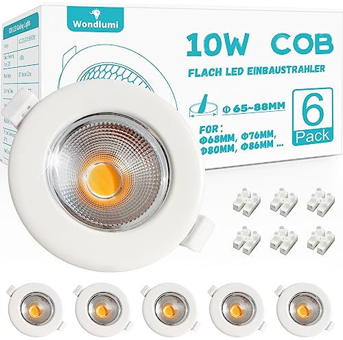 6er LED Einbaustrahler 10W Set Ultra Flach 33mm LED Spot Rund Weiß 2700K Warmweiß Deckenspots 850LM für Küche Wohnzimmer