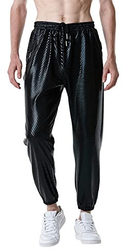 Caxndycing Herren Metallic Glänzende Disco Hose Wetlook Party Tanz Gerades Hose 70er/80er Jahre Festival Rave Cosplay Lederhose für Partys Disco Nachtclub Lange Hosen mit Kordelzug