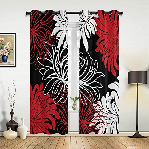 TEMLAN Black And White Red Chrysanthemum Blackout Curtains Red Black White Lines Eyelet Curtains for Living Room Bedroom, Grommet Top Thermal Insulated Window Treatments (140 x 160cm)
