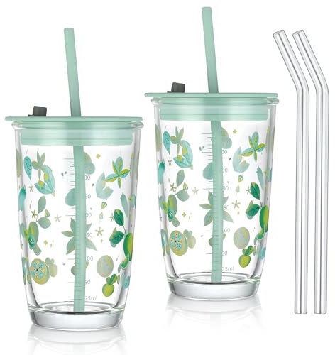 Joeyan 430 ml Grün Trinkbecher mit Deckel und Strohhalm,Glas Bubble Tea Becher Trinkgläser mit Zitronen und Florales Mustern,Eiskaffee Smoothie Saft Boba Wasser Tumbler Cup,2er Set