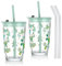 Joeyan 430 ml Grün Trinkbecher mit Deckel und Strohhalm,Glas Bubble Tea Becher Trinkgläser mit Zitronen und Florales Mustern,Eiskaffee Smoothie Saft Boba Wasser Tumbler Cup,2er Set