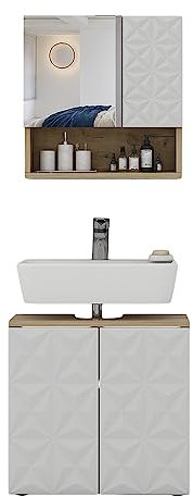 Vicco Badmöbel-Set Weiß Edge, bestehend aus Badezimmerspiegel, Waschbeckenunterschrank - Unterschrank- und Hängeschrank-Kombination