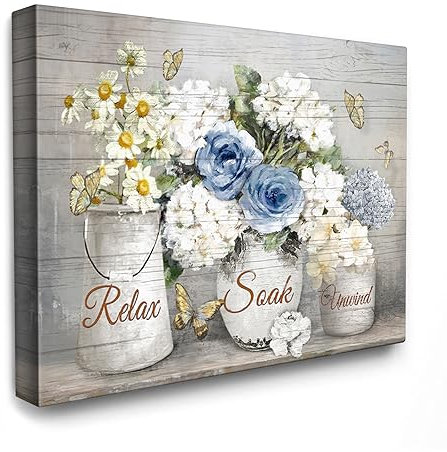 Luslya Vintage weiße Blumen Leinwand Wandkunst Inspirierend Rustikal Floral Relax Soak Unwind Badezimmer Malerei Wanddekoration Gerahmte Poster Zuhause für Wohnzimmer Badezimmer Dekoration 30,5 x 40,6