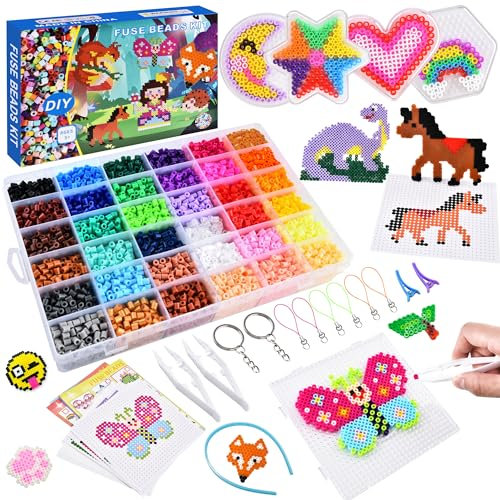 DazSpirit 10000pcs Fuse Beads Craft Kit, 36 Colours 5mm Fuse Beads with 104 Pattern Sheets Arts and Crafts for Kids, Comes with Tweezers, Pegboards, Ironing Papers, Iron Bead Art Craft Kits for Kids