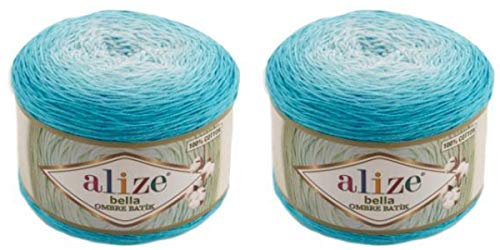 2 x 250 g Alize Bella Batik Ombre Strickwolle Farbverlauf, 500 Gramm Strickgarn 100% Baumwolle, Farbverlaufswolle (türkis 7409)