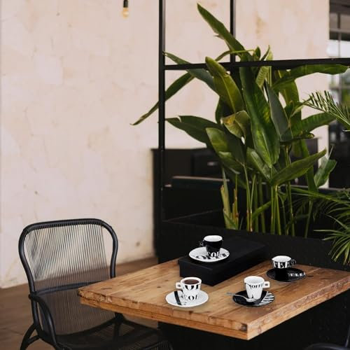 Avilia Lot de 4 tasses et soucoupes blanches et noires | tasses à café avec soucoupe | Set de 4 tasses avec soucoupe | Kit pour servir café | Set de 4 tasses avec soucoupe en céramique blanche et