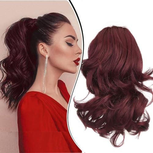 Dcbaboo Pferdeschwanz Haarteil Zopf Extension mit Klammer Wellige Kurz Ponytail Extensions Haarverlängerung Clip Synthetik Gewellte Pferdeschwanz Haarextension Zopf, 30cm Weinrot