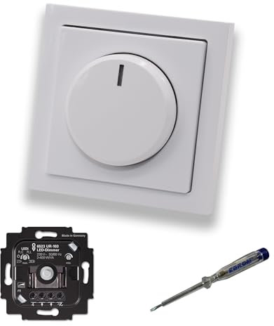 Busch Jäger 6523UR-103 LED-Drehdimmer LED-Dimmer mit Dimmerscheibe Zentralplatte 6540-84-102 Einfachrahmen in Future Linear Studioweiß glänzend + EBROM Phasenprüfer z. Montage des Dimmers 6523 UR-103