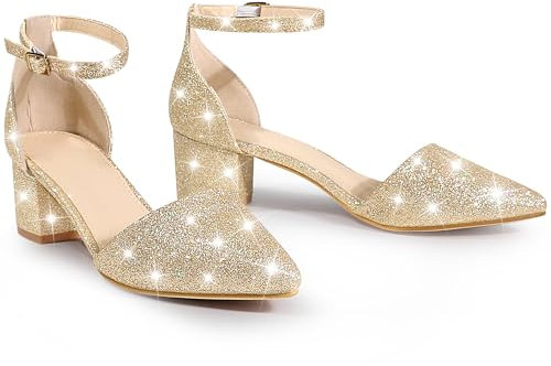 Perphy Glitter Pointed Toe Pumps Ankle Strap Buckle Chunky Block Heel Dress Pumps for Women Gold 6 UK/Label Size 8 US