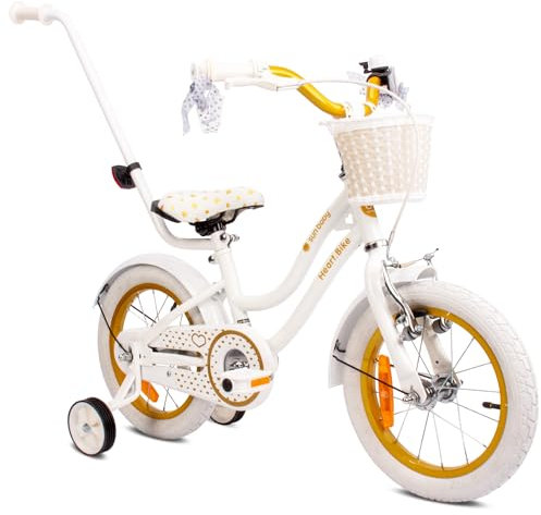 sun baby Mädchenfahrrad 14 Zoll Radgröße Heart Bike zur Auswahl, mit Abnehmbarer Schubstange, Kinderfahrrad für Mädchen von 2 bis 6 Jahre (Weißgold, 14 Zoll)