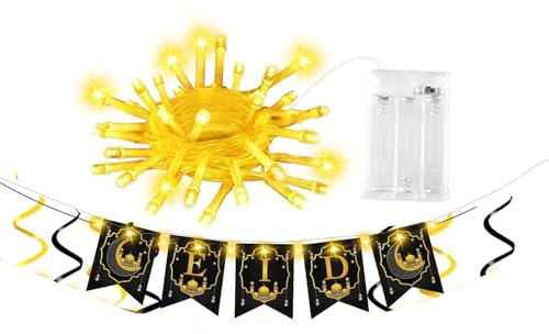 Ramadan Deko, Gcstnn Ramadan Mubarak Girlande Eid Dekor,Ramadan Mubarak Banner Set Gold Stern Mond mit 30Led Lichterketten, Ramadan Hängende Wand Dekoration für Islam Festival, Eid Party, Kareem Dekor