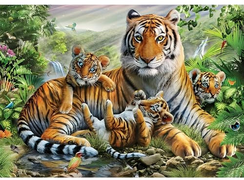 DAERLE Diamond Painting Tiger und Jungtiere, 5D Diamond Painting Erwachsene Wildes Tier Kits, Diamond Painting Set für Wohnzimmer Schlafzimmer Büro Wand Dekoration 40x30cm