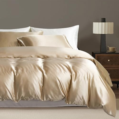 Luowei Housse de Couette 220x240 Doré Satin Parure de lit Unie Adulte 3 Pièces Ensemble Literie Modern Kaki Linge de Lit avec Fermeture éclair et 2x65x65cm Taies d'oreiller