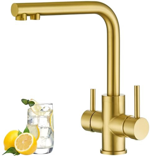 CREA 3 Wege Wasserhahn Küche, 360° Drehbar Mischbatterie Küche, Drei Wege Armatur, 3 in 1 Küchenarmatur mit 2 Hebel,Gebürstetes Gold
