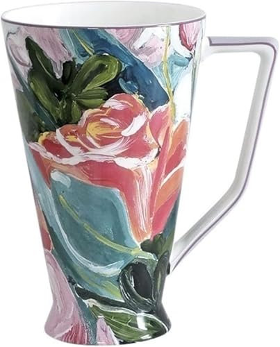 GUOXU Coffee Mug 500ML Large Capacity Coffee Cup Hand-Painted Rose Mug Exquisite Bone China Cup for Milk and Breakfast Tea Cup(Gold)