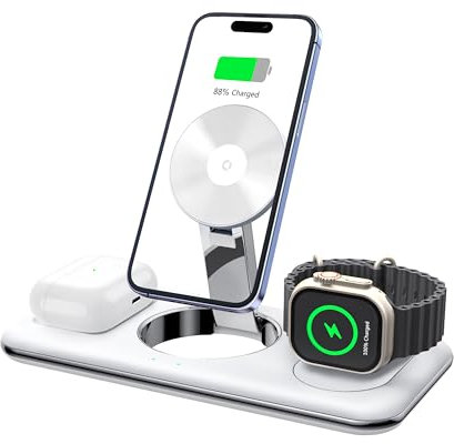 ECHO Station de Charge Aimantée sans Fil 3-en-1 - Chargeur Rapide Blanc Compatible avec Apple iPhone, Apple Watch et AirPods - Station de Recharge Universelle pour Appareils iOS