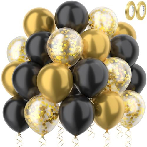 MUEZDUR Luftballons Gold Schwarz mit Gold Konfetti Ballons Luftballons hochzeit Set 60 Stück 30cm Helium Ballons mit 2 Rollen goldener Band als Baby Shower Geburtstag Jubiläum Party Deko Graduierung