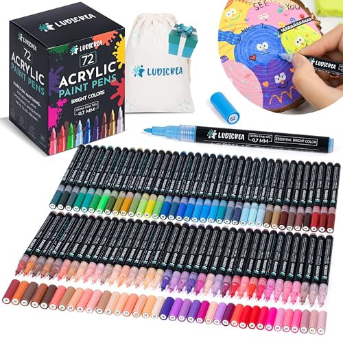 LUDICREA Kit de 72 colores de fieltro acrílico para colorear para adultos/niños Dibujo sobre papel, tela, roca, vidrio, madera, metal y pintura | rotuladores, rotulador de agua punta fina 0,7 mm