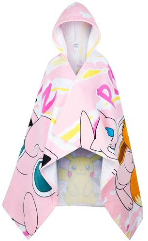 Pokemon Handtücher Badeponcho Kinder mit Kapuze Kuschelig und Saugstark Pikachu Strandtuch Baumwolle Poncho Badetuch Jungen und Mädchen (Rosa, 6-14 Jahre)