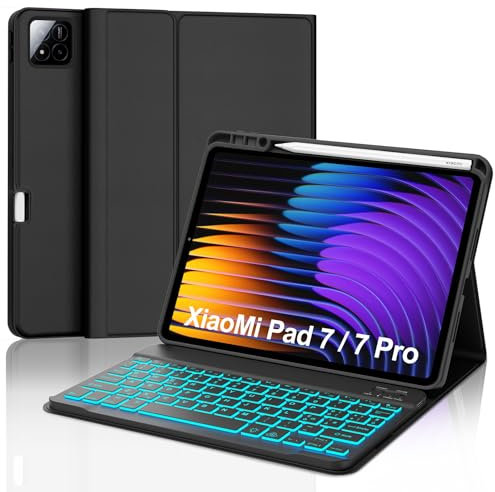 SENGBIRCH Funda teclado para Xiaomi Pad 7/7 Pro 11,2 pulgadas, 7 colores retroiluminados, funda teclado Bluetooth desmontable para Xiaomi Pad 7 11,2, soporta despertador/sueño automático, negro