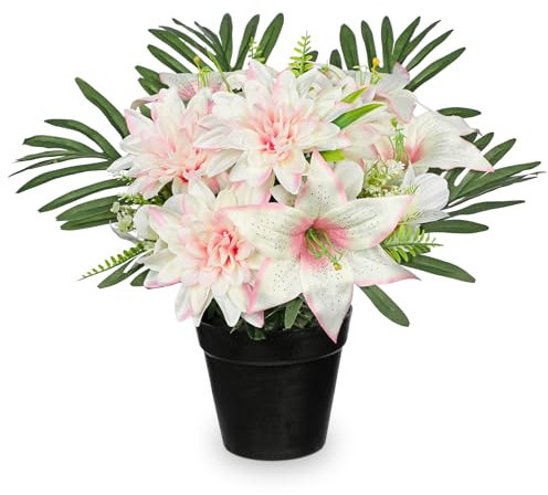Hollyone Flores artificiales de seda de 35 cm para tumba, dalias falsas rosas y lirios en maceta negra, arreglos florales funerarios para cementerio, servicio conmemorativo