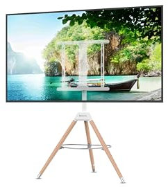 Technolenz | Soporte de TV de madera maciza y acero, ideal para salones, dormitorios, oficinas o eventos, altura ajustable y giratoria, para televisores de hasta 60 años, brillante, con estante