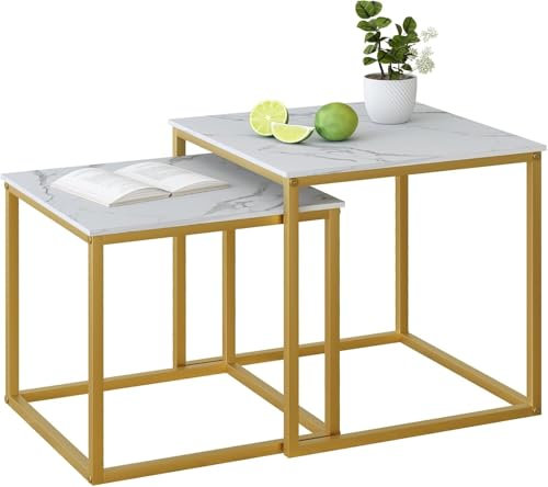 Quadratisch Couchtisch 2er Set, Moderne Wohnzimmertisch, Couchtisch Aus Holz, Wohnzimmertisch Klein, Beistelltisch, Sofatisch, Coffee Table für Wohnzimmer, Schlafzimmer, Büro, Gold+Weiß