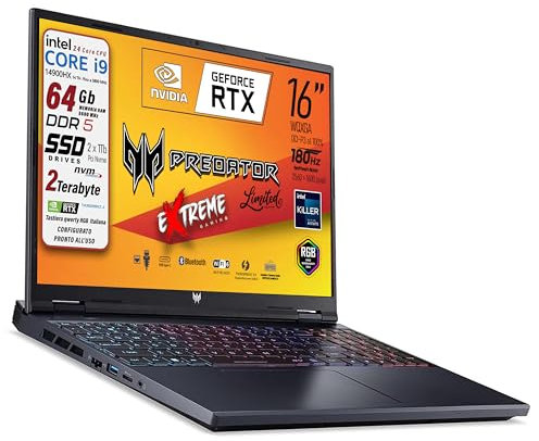 acer Predator Helios Neo Portatile Gaming, CPU Intel Core i9-14900HX, 24 core, RAM 64 Gb DDR5, 2 TB SSD, 2 x 1 Tb, Display 16 WQXGA IPS 180Hz, GeForce RTX 4060 8Gb GDDR6, Preconfigurato, Italia