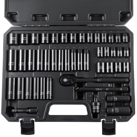 Camiraft 3/8 Impact Socket Set, 47 Piece Deep Socket Set Standard SAE (5/16 to 3/4 inch) and Metric Sizes (5/16 to 3/4 and 8-22 mm), 6 Point, Cr-V 3/8 Ratchet Handle,Extension Bar,Universal Joint